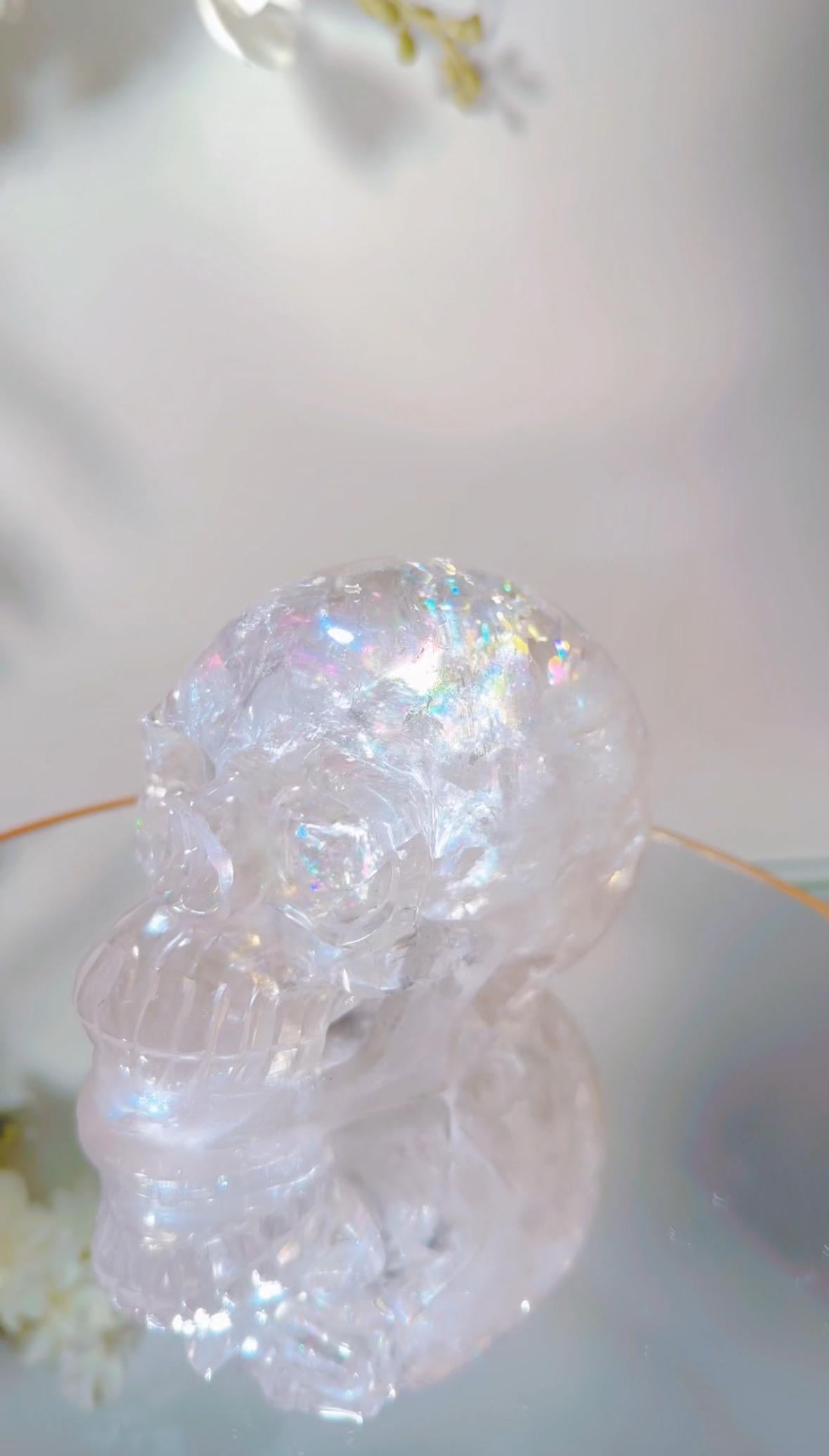 Clear Quartz Skull Carving: Rainbow Crystal Collector's Piece