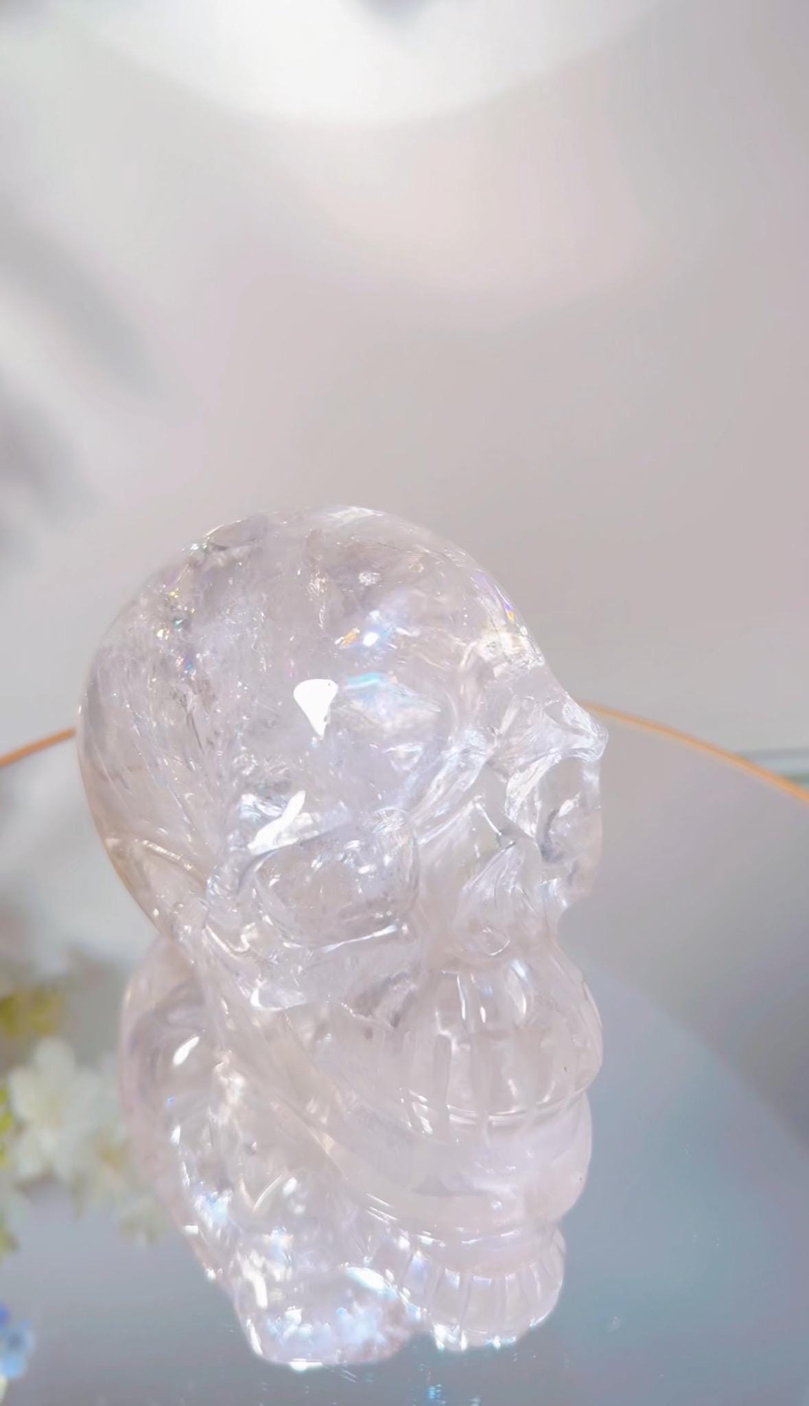 Clear Quartz Skull Carving: Rainbow Crystal Collector's Piece
