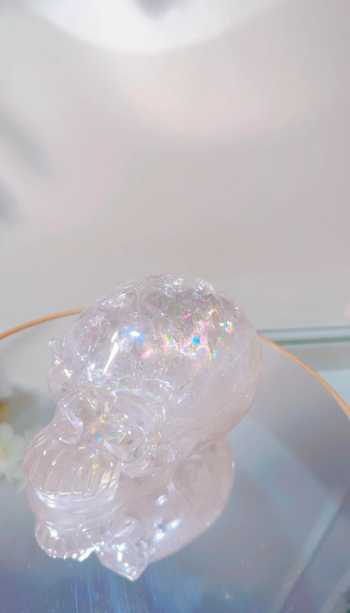 Clear Quartz Skull Carving: Rainbow Crystal Collector's Piece