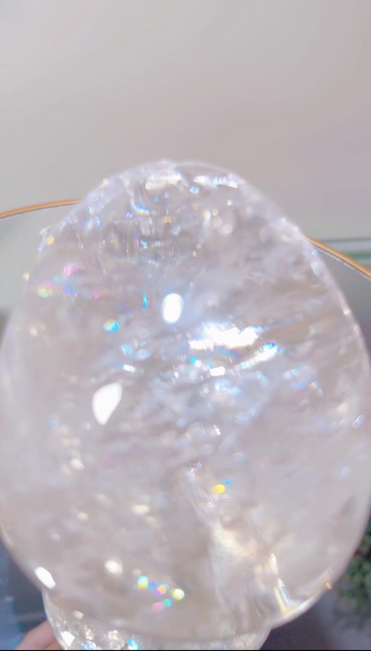 Clear Quartz Skull Carving: Rainbow Crystal Collector's Piece