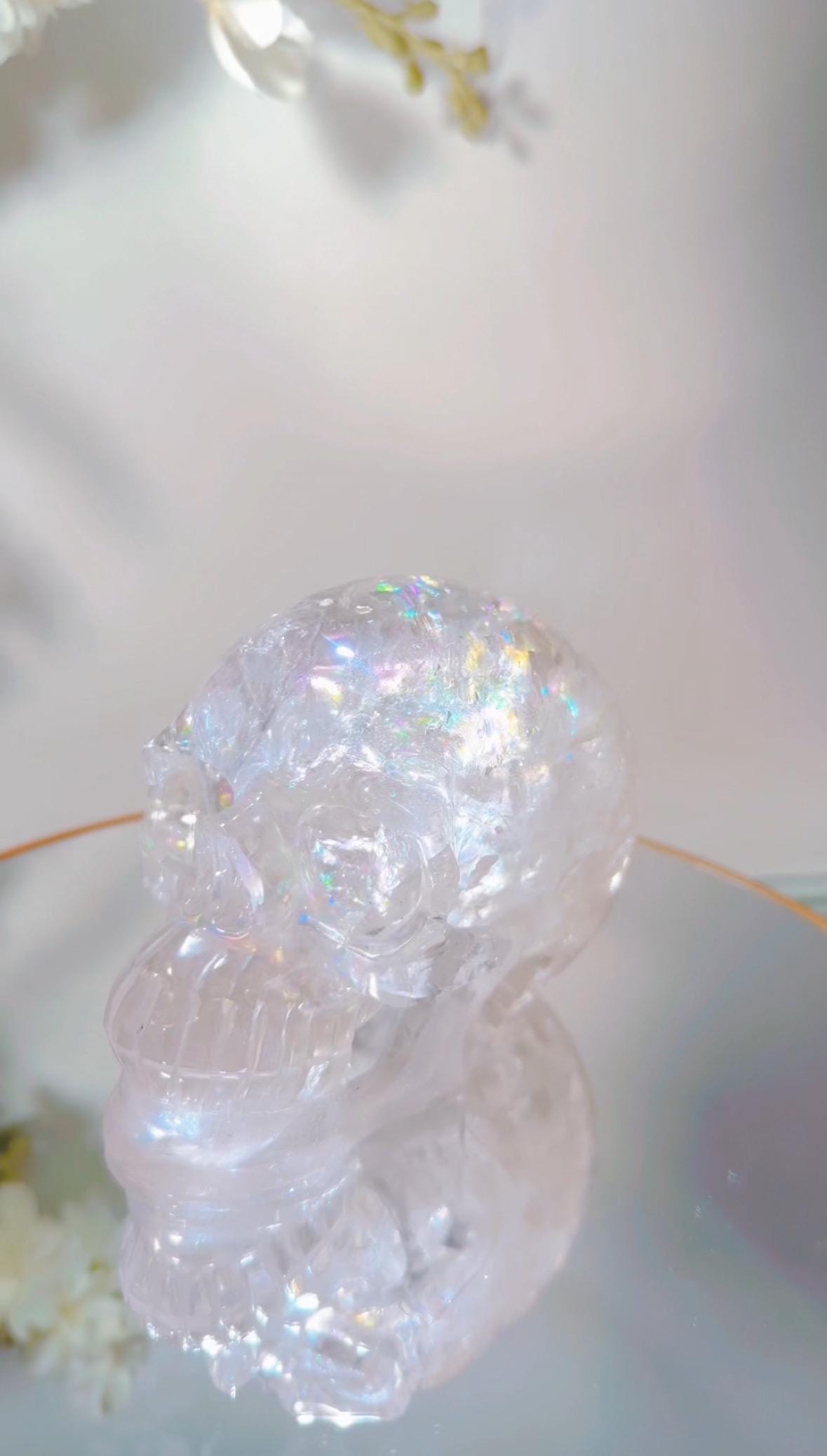 Clear Quartz Skull Carving: Rainbow Crystal Collector's Piece