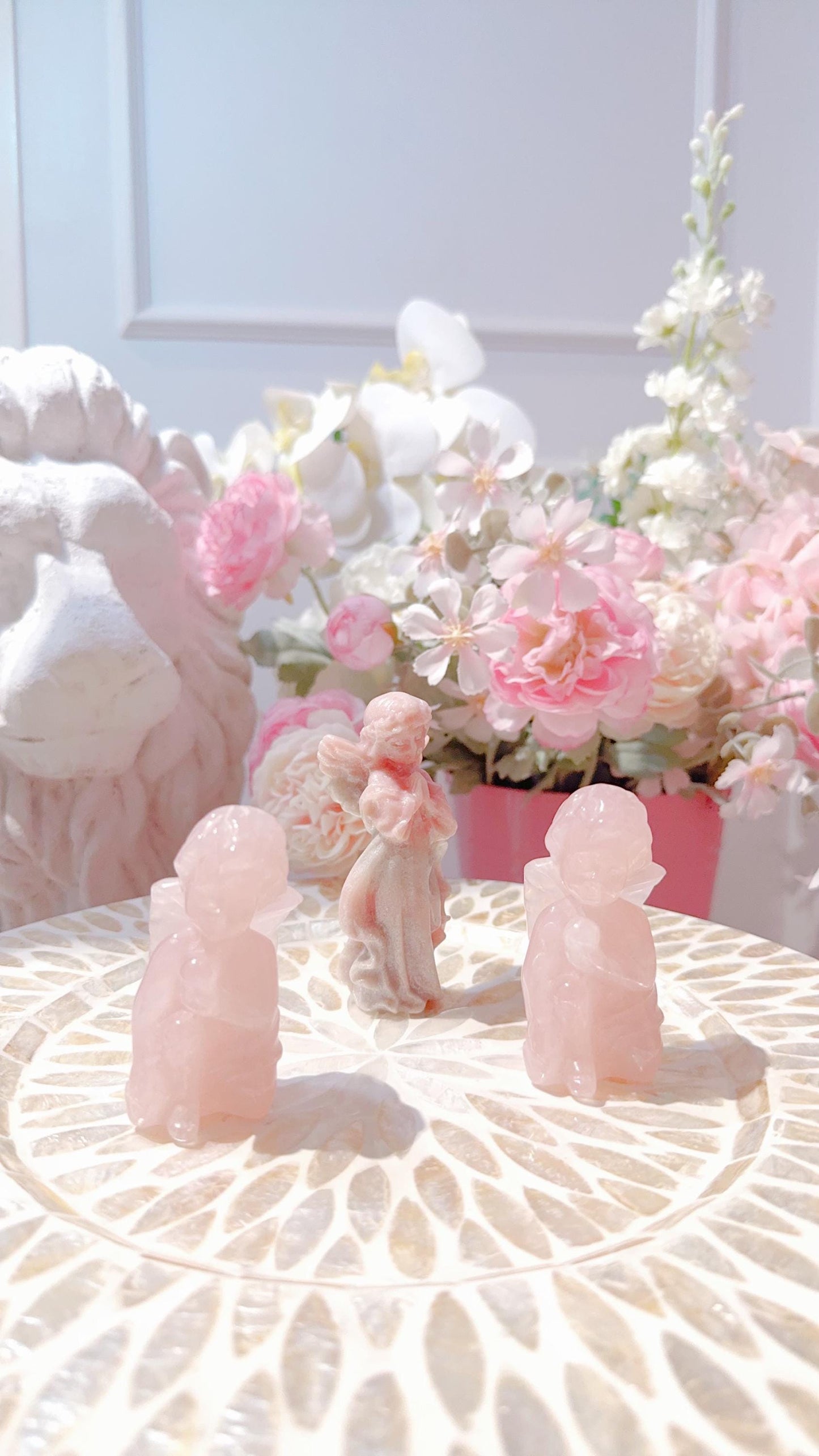 Angels Carvings set- Pink Opal and Rose Quartz.
