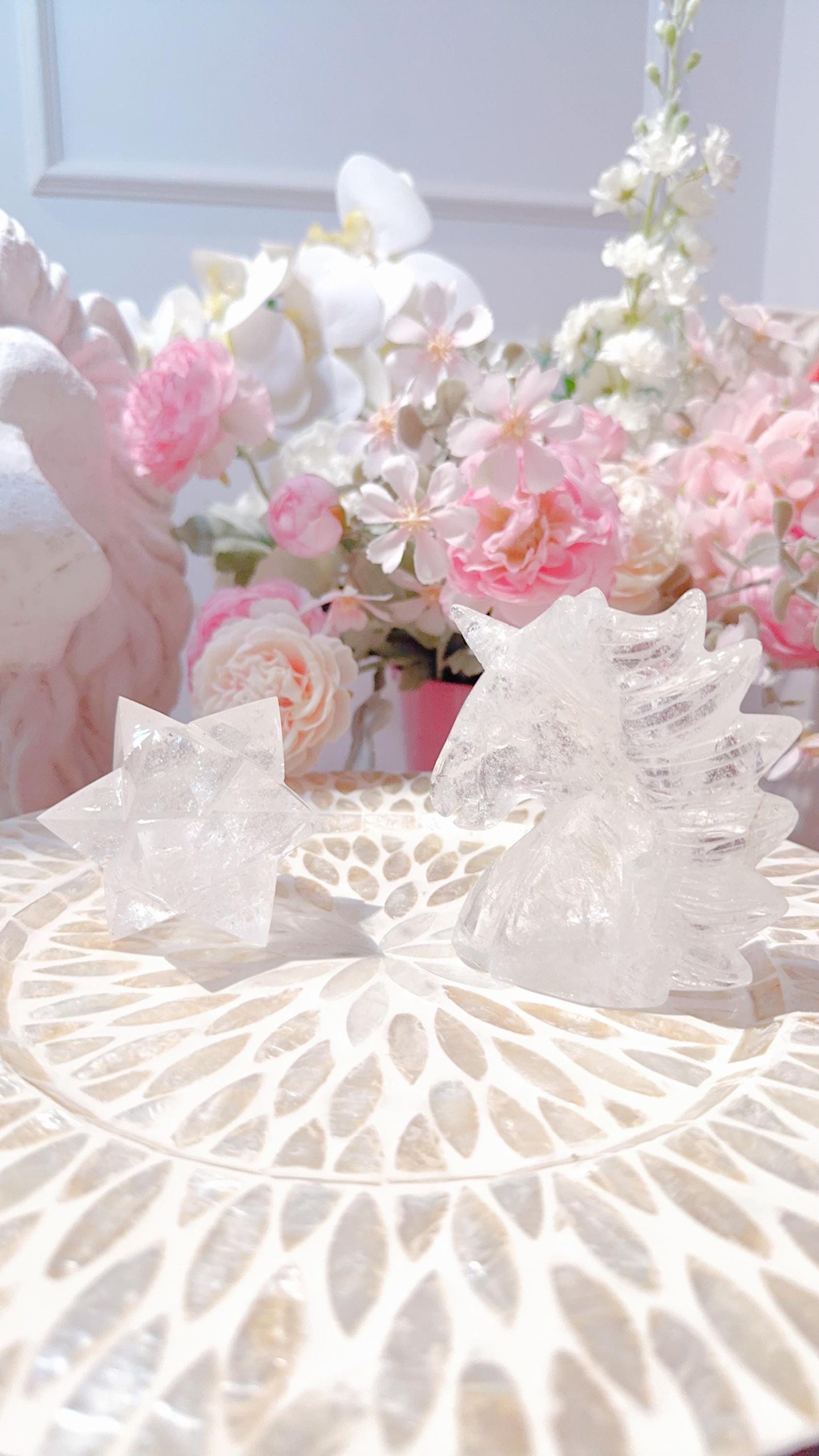 Clear Quartz Merkaba and Unicorn carvings set