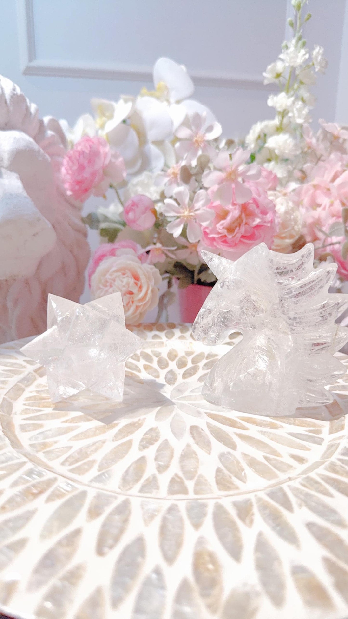Clear Quartz Merkaba and Unicorn carvings set