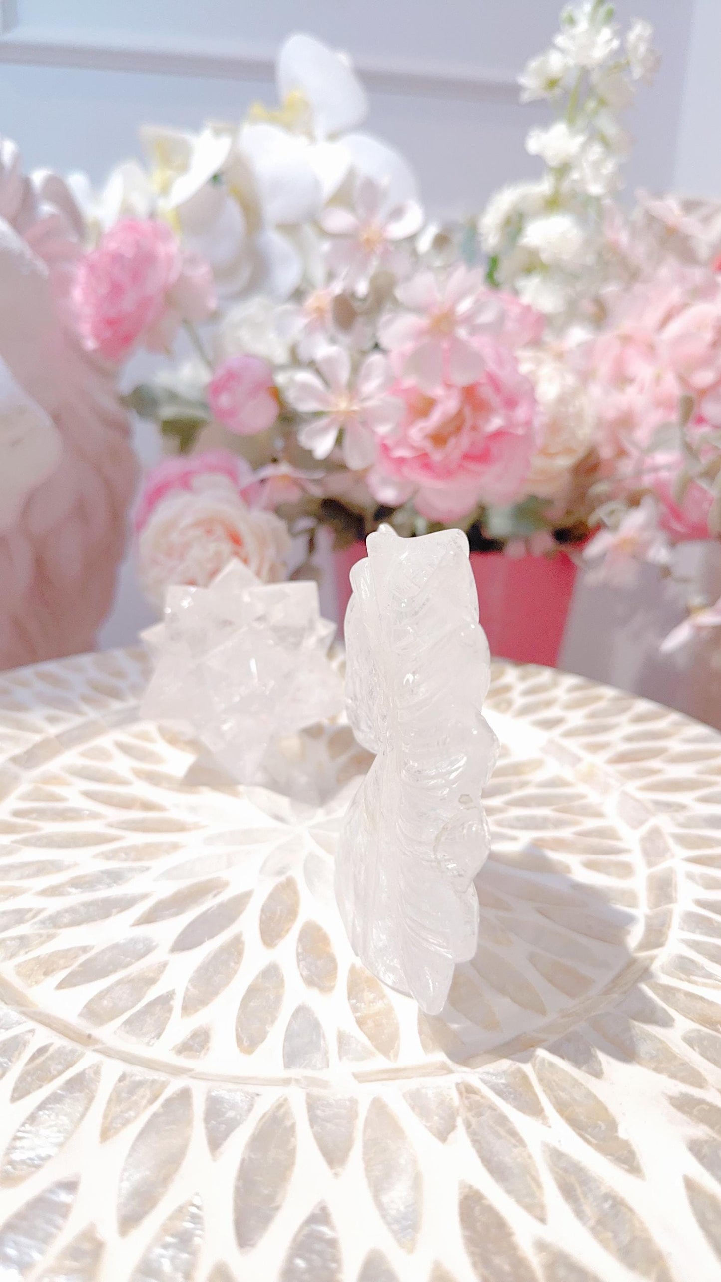 Clear Quartz Merkaba and Unicorn carvings set