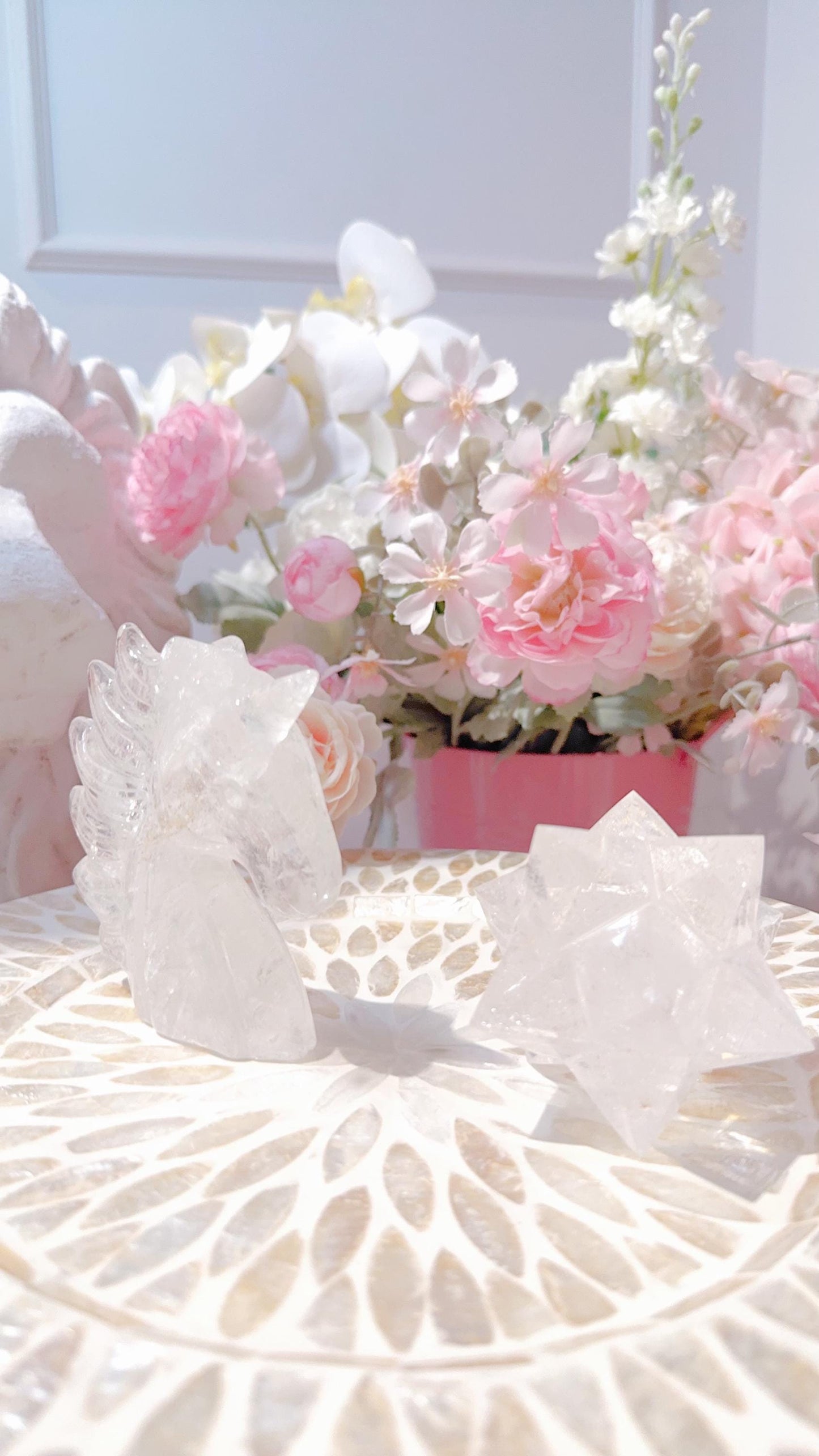 Clear Quartz Merkaba and Unicorn carvings set