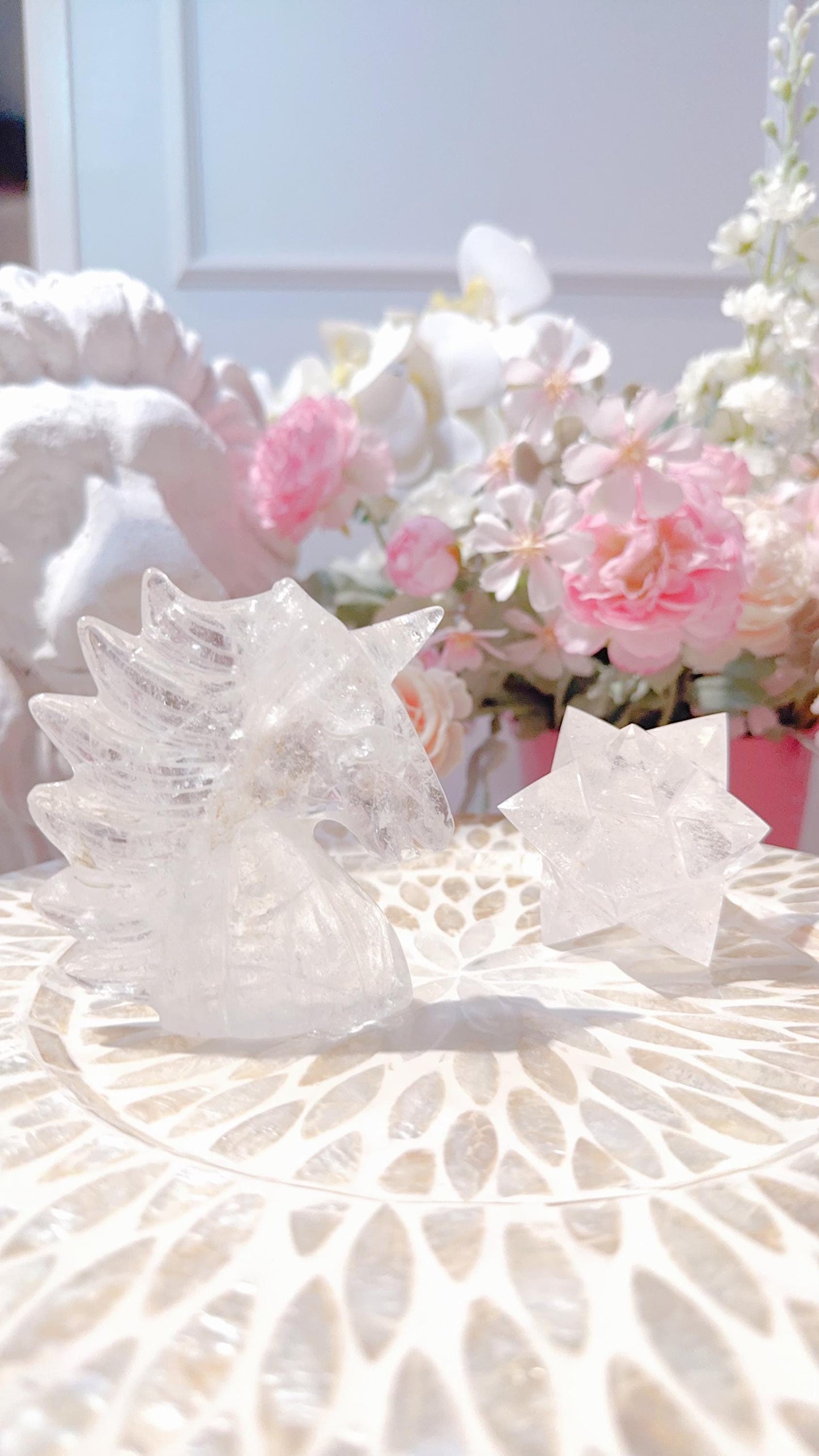 Clear Quartz Merkaba and Unicorn carvings set