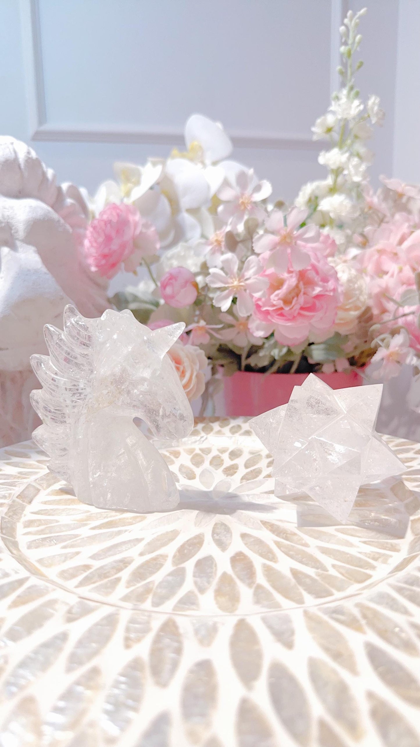 Clear Quartz Merkaba and Unicorn carvings set