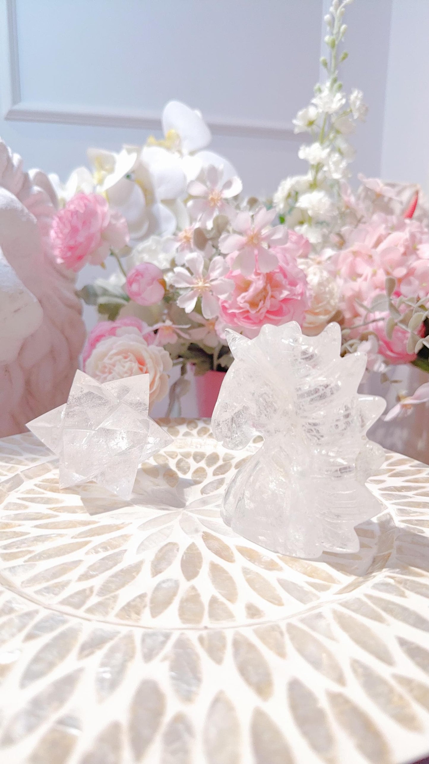 Clear Quartz Merkaba and Unicorn carvings set