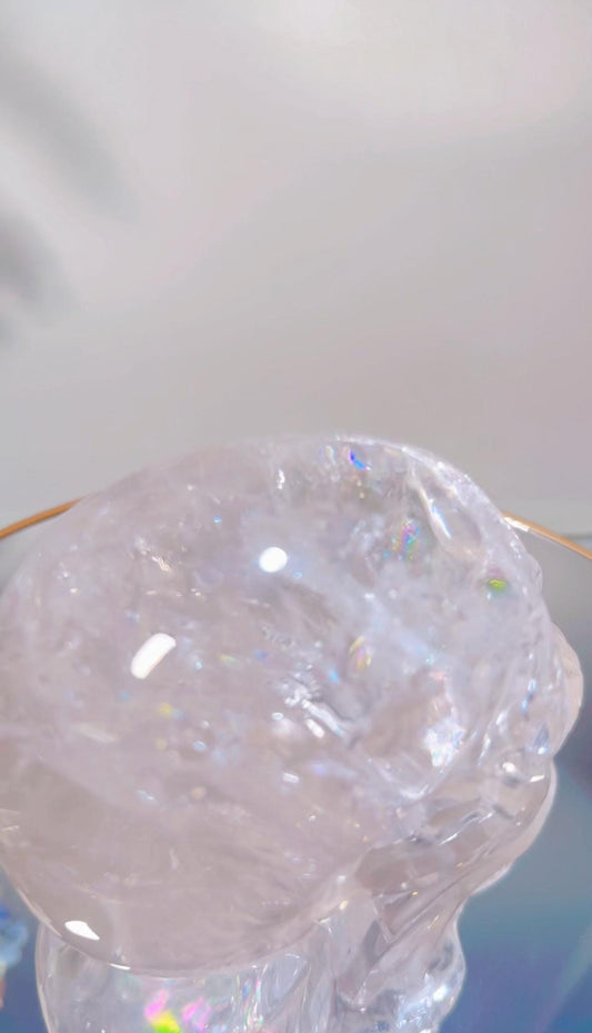 Clear Quartz Skull Carving: Rainbow Crystal Collector's Piece