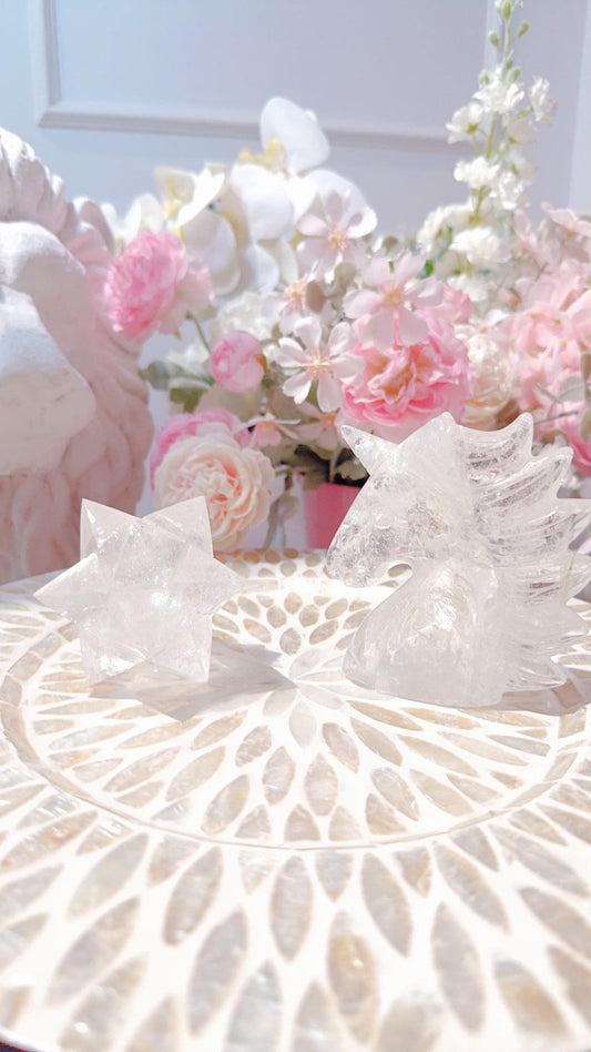 Clear Quartz Merkaba and Unicorn carvings set